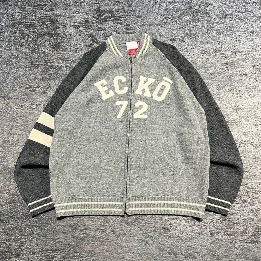 Ecko UNLTD Full Zip‎ Sweater Mens Large Gray Wool Y2K Spell Out Hip-Hop Grunge